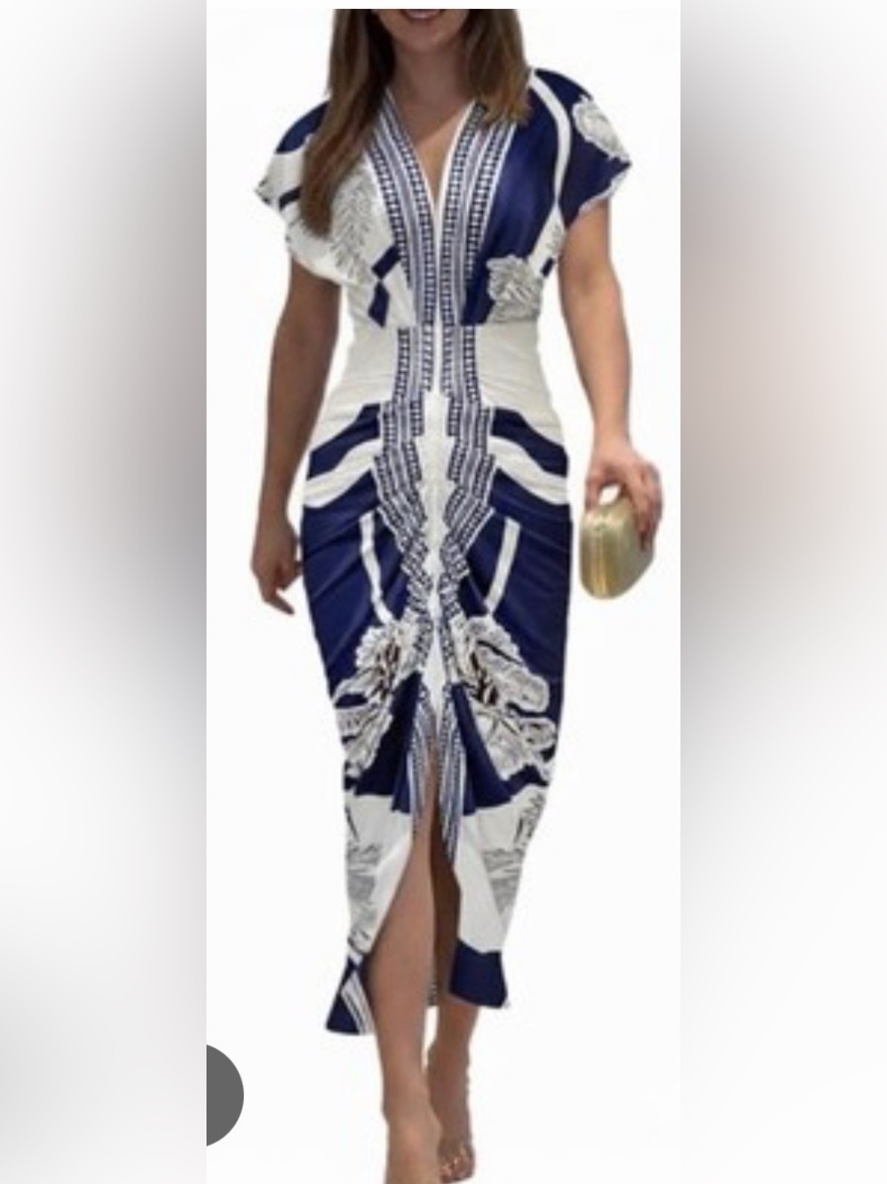 Commense Navy and White Printed Midi Bodycon Dress